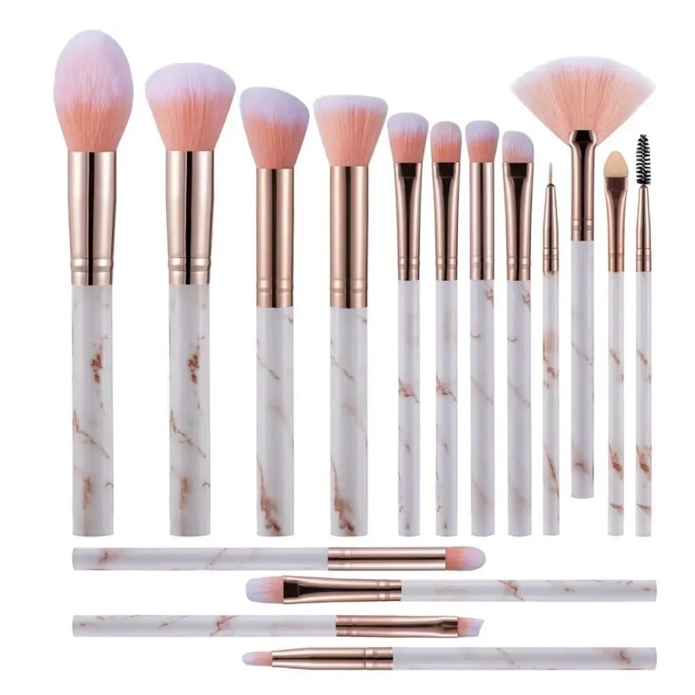 New 15-Piece Marble Handle Makeup Brush Set in Pink and Rose Gold